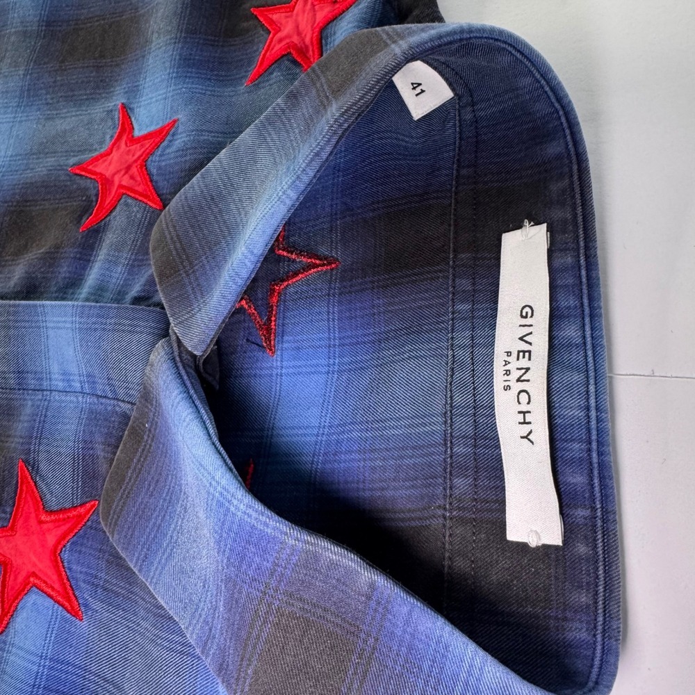 Givenchy Paris Blue Plaid Red Star Embroidered Shirt 41 17F 6010 335 Mens - Picture 5 of 10